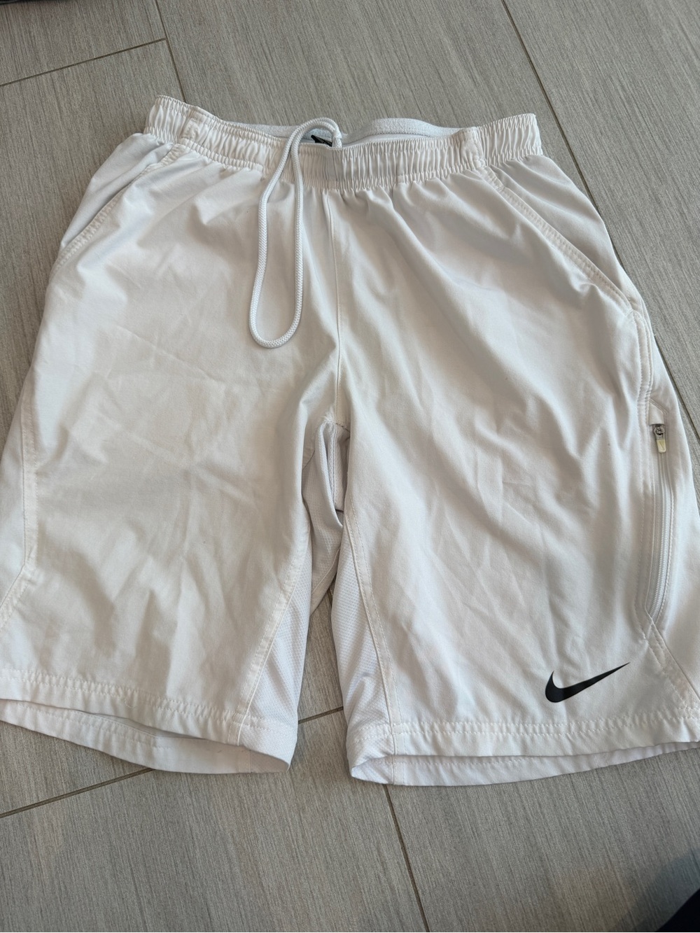 Nike Men’s White Dri-Fit Athletic Shorts with Black Swoosh